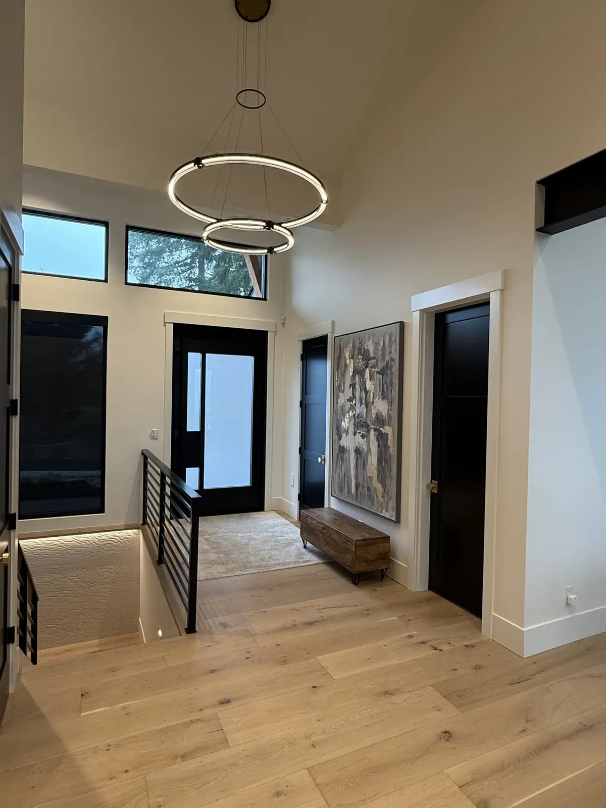 Entry hall with wide-plank oak floors, a sculptural ring pendant and a full-height black entry door